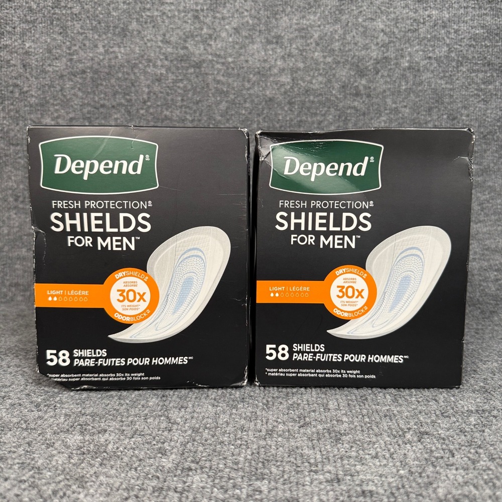 Set of 2 Depend Mens Shields Fresh Protection 58 Count Light Absorbency